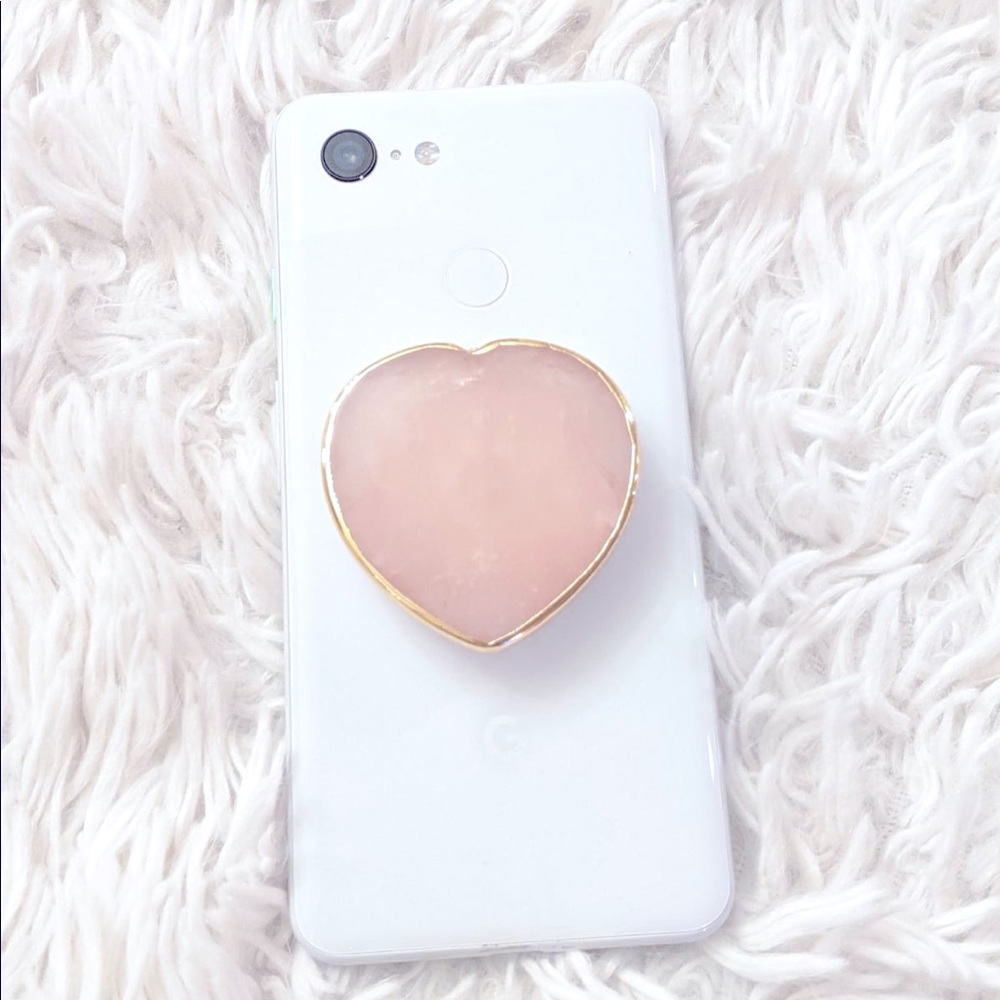 Rose Quartz Crystal Heart Shaped Pop Socket/ Phone Grip with Gold Edging